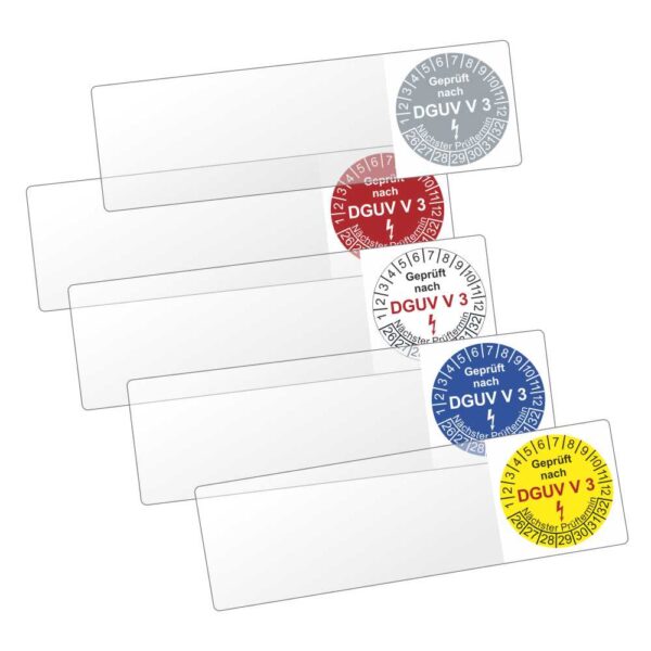 Das Bild zeigt eine Reihe von Prüfplaketten mit der Aufschrift "Geprüft nach DGUV V3". Diese Plaketten sind farblich unterschiedlich (z. B. grau, rot, weiß, blau und gelb) und enthalten eine Nummerierung von 1 bis 12 für die Monate sowie eine zusätzliche Nummerierung für die Jahre. Die Plaketten werden in der Regel für die Kennzeichnung geprüfter elektrischer Geräte gemäß der Deutschen Gesetzlichen Unfallversicherung (DGUV) Vorschrift 3 verwendet. Sie zeigen das Datum der nächsten Prüfung an und werden auf Kabeln von Geräten und Verlängerungen angebracht.