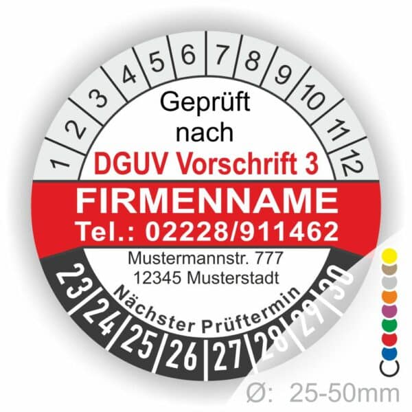 Prüfplaketten Prüfung Firmeaufdruck nächster Prüftermin DGUV Prüfung