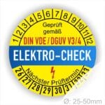 Prüfetiketten DIN VDE-DGUV Prüfplaketten rund, Farbe- Gelb in der Mitte ein Streifen in Blau, Text oberer Teil "Geprüft gemäß DIN-VDE/DGUV V3/4" in Schwarz. Mittig Streifen in Rot mit dem Text " ELEKTRO-CHECK", danach Elektropfeil in Rot Startjahr- 26, Monatszahlen Oben und Jahreszahlen Unten in Kreisform. Über den Jahreszahlen Text "Nächster Prüftermin"
