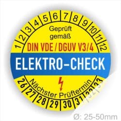 Prüfetiketten DIN VDE-DGUV Prüfplaketten rund, Farbe- Gelb in der Mitte ein Streifen in Blau, Text oberer Teil "Geprüft gemäß DIN-VDE/DGUV V3/4" in Schwarz. Mittig Streifen in Rot mit dem Text " ELEKTRO-CHECK", danach Elektropfeil in Rot Startjahr- 26, Monatszahlen Oben und Jahreszahlen Unten in Kreisform. Über den Jahreszahlen Text "Nächster Prüftermin"