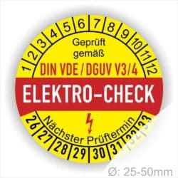 Prüfetiketten, Prüfplaketten rund, Farbe- Gelb in der Mitte ein Streifen in Rot, Text oberer Teil "Geprüft gemäß DIN-VDE/DGUV V3/4" in Schwarz. Mittig Streifen in Rot mit dem Text " ELEKTRO-CHECK", danach Elektropfeil in Rot Startjahr- 26, Monatszahlen Oben und Jahreszahlen Unten in Kreisform. Über den Jahreszahlen Text "Nächster Prüftermin"