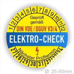 DIN VDE-DGUV Prüfplaketten, Prüfetiketten rund, Farbe- Gelb in der Mitte ein Streifen in Blau, Text oberer Teil "Geprüft gemäß DIN-VDE/DGUV V3/4" in Schwarz. Mittig Streifen in Rot mit dem Text " ELEKTRO-CHECK", danach Elektropfeil in Rot Startjahr- 27, Monatszahlen Oben und Jahreszahlen Unten in Kreisform. Über den Jahreszahlen Text "Nächster Prüftermin"