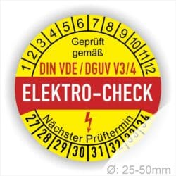 VDE-DGUV Prüfplaketten rund, Farbe- Gelb in der Mitte ein Streifen in Rot, Text oberer Teil "Geprüft gemäß DIN-VDE/DGUV V3/4" in Schwarz. Mittig Streifen in Rot mit dem Text " ELEKTRO-CHECK", danach Elektropfeil in Rot Startjahr- 27, Monatszahlen Oben und Jahreszahlen Unten in Kreisform. Über den Jahreszahlen Text "Nächster Prüftermin"