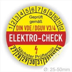 Prüfetiketten, Prüfplaketten rund, Farbe- Gelb in der Mitte ein Streifen in Rot, Text oberer Teil "Geprüft gemäß DIN-VDE/DGUV V3/4" in Schwarz. Mittig Streifen in Rot mit dem Text " ELEKTRO-CHECK", danach Elektropfeil in Rot Startjahr- 27, Monatszahlen Oben und Jahreszahlen Unten in Kreisform. Über den Jahreszahlen Text "Nächster Prüftermin"