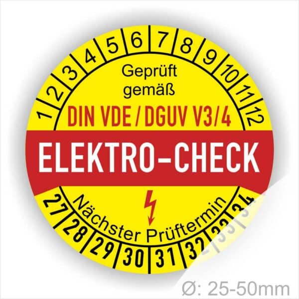 VDE-DGUV Prüfplaketten rund, Farbe- Gelb in der Mitte ein Streifen in Rot, Text oberer Teil "Geprüft gemäß DIN-VDE/DGUV V3/4" in Schwarz. Mittig Streifen in Rot mit dem Text " ELEKTRO-CHECK", danach Elektropfeil in Rot Startjahr- 27, Monatszahlen Oben und Jahreszahlen Unten in Kreisform. Über den Jahreszahlen Text "Nächster Prüftermin"