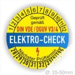 Prüfetiketten, Prüfplaketten rund, Farbe- Gelb in der Mitte ein Streifen in Blau, Text oberer Teil "Geprüft gemäß DIN-VDE/DGUV V3/4" in Schwarz. Mittig Streifen in Rot mit dem Text " ELEKTRO-CHECK", danach Elektropfeil in Rot Startjahr- 28, Monatszahlen Oben und Jahreszahlen Unten in Kreisform. Über den Jahreszahlen Text "Nächster Prüftermin"
