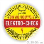 VDE-DGUV Prüfplaketten rund, Farbe- Gelb in der Mitte ein Streifen in Rot, Text oberer Teil "Geprüft gemäß DIN-VDE/DGUV V3/4" in Schwarz. Mittig Streifen in Rot mit dem Text " ELEKTRO-CHECK", danach Elektropfeil in Rot Startjahr- 28, Monatszahlen Oben und Jahreszahlen Unten in Kreisform. Über den Jahreszahlen Text "Nächster Prüftermin"