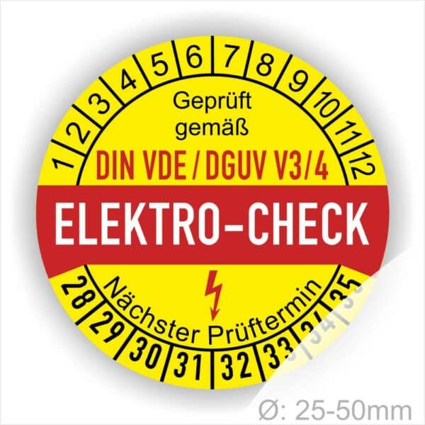 VDE-DGUV Prüfplaketten rund, Farbe- Gelb in der Mitte ein Streifen in Rot, Text oberer Teil "Geprüft gemäß DIN-VDE/DGUV V3/4" in Schwarz. Mittig Streifen in Rot mit dem Text " ELEKTRO-CHECK", danach Elektropfeil in Rot Startjahr- 28, Monatszahlen Oben und Jahreszahlen Unten in Kreisform. Über den Jahreszahlen Text "Nächster Prüftermin"