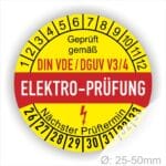 Prüfetiketten, Prüfplaketten rund, Farbe- Gelb in der Mitte ein Streifen in Rot, Text oberer Teil "Geprüft gemäß DIN-VDE/DGUV V3/4" in Schwarz. Mittig Streifen in Rot mit dem Text " ELEKTRO-PRÜFUNG", danach Elektropfeil in Rot Startjahr- 24, Monatszahlen Oben und Jahreszahlen Unten in Kreisform. Über den Jahreszahlen Text "Nächster Prüftermin"