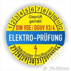 VDE DGUV Plakette, Prüfetiketten, Prüfplaketten rund, Farbe- Gelb in der Mitte ein Streifen in Blau, Text oberer Teil "Geprüft gemäß DIN-VDE/DGUV V3/4" in Schwarz. Mittig Streifen in Rot mit dem Text " ELEKTRO-PRÜFUNG", danach Elektropfeil in Rot Startjahr- 27, Monatszahlen Oben und Jahreszahlen Unten in Kreisform. Über den Jahreszahlen Text "Nächster Prüftermin"