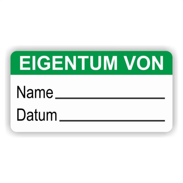 aufkleber -eigentum name datum beschriftungsfeld farbe grün