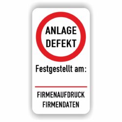 Anlage defekt Aufkleber mit Firmeneindruck Wunschtext