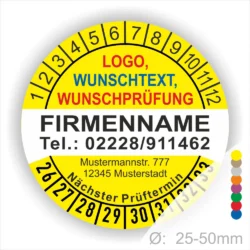 Gelbe runde Prüfplakette mit Jahres- und Monatsring zur Markierung des nächsten Prüftermins, individuell beschriftbar mit Firmenname, Logo, Telefonnummer und Wunschtext. Größen 25–50 mm, selbstklebend.“
