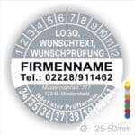 Graue runde Prüfplakette mit Jahres- und Monatsring zur Markierung des nächsten Prüftermins, individuell beschriftbar mit Firmenname, Logo, Telefonnummer und Wunschtext. Größen 25–50 mm, selbstklebend.