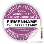 Lila runde Prüfplakette mit Jahres- und Monatsring zur Markierung des nächsten Prüftermins, individuell beschriftbar mit Firmenname, Logo, Telefonnummer und Wunschtext. Größen 25–50 mm, selbstklebend.