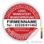 Rote runde Prüfplakette mit Jahres- und Monatsring zur Markierung des nächsten Prüftermins, individuell beschriftbar mit Firmenname, Logo, Telefonnummer und Wunschtext. Größen 25–50 mm, selbstklebend.