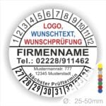 Weisse runde Prüfplakette mit Jahres- und Monatsring zur Markierung des nächsten Prüftermins, individuell beschriftbar mit Firmenname, Logo, Telefonnummer und Wunschtext. Größen 25–50 mm, selbstklebend.