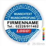 Blaue Prüfplakette mit Monats- und Jahresring zur Kennzeichnung des nächsten Prüftermins. In der Mitte befindet sich Platz für Firmenname, Telefonnummer, Wunschtext und Logo. Selbstklebend, personalisierbar, erhältlich in 25–50 mm.