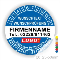 Blaue Prüfplakette mit Monats- und Jahresring zur Kennzeichnung des nächsten Prüftermins. In der Mitte befindet sich Platz für Firmenname, Telefonnummer, Wunschtext und Logo. Selbstklebend, personalisierbar, erhältlich in 25–50 mm.