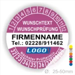 Lila Prüfplakette mit Monats- und Jahresring zur Kennzeichnung des nächsten Prüftermins. In der Mitte befindet sich Platz für Firmenname, Telefonnummer, Wunschtext und Logo. Selbstklebend, personalisierbar, erhältlich in 25–50 mm.