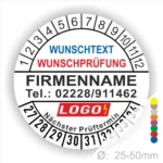 Weiss Prüfplakette mit Monats- und Jahresring zur Kennzeichnung des nächsten Prüftermins. In der Mitte befindet sich Platz für Firmenname, Telefonnummer, Wunschtext und Logo. Selbstklebend, personalisierbar, erhältlich in 25–50 mm.