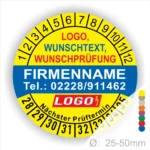 Rundes Prüfetikett mit Platz für Logo, Wunschtext und Firmenname. Enthält Kontaktnummer und nächste Prüftermine. Geeignet für Durchmesser von 25-50 mm.
