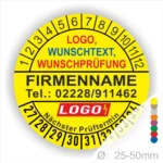 Bunte Prüfplakette mit Logo, Wunschtext und Firmenname, Telefonnummer und nächstem Prüftermin, geeignet für Durchmesser von 25-50 mm.