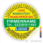 Rundetikett mit Platz für Logo, Wunschtext und Prüfungsinformationen. Enthält Kontaktdaten der Firma, nächste Prüftermine und Maßstab von 25-50 mm. Ideal für Prüfplaketten.