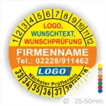 Runder Prüfaufkleber mit Platz für Logo, Wunschtext und Prüfdatum, Firmenname und Telefonnummer, geeignet für Durchmesser von 25-50 mm.