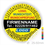 Runde Prüfplakette mit Platz für Logo, Wunschtext und Firmenname, Telefonnummer und nächsten Prüftermin, Durchmesser von 25-50 mm, in auffälligen Farben gestaltet.