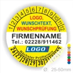 Gelbe runde Prüfplakette mit Monats- und Jahresring zur Kennzeichnung des nächsten Prüftermins, individuell bedruckbar mit Firmenname, Telefonnummer, Wunschtext und Logo. Selbstklebend, verfügbar in 25–50 mm.