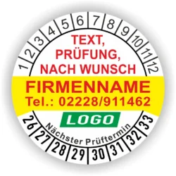 Runde gelb- weiße Prüfplakette mit individuell anpassbarem Firmenname, Telefonnummer, Wunschtext und Logo. Mit Monats- und Jahresring zur Markierung des nächsten Prüftermins. Selbstklebend, für Wartung und Sicherheitsprüfungen.