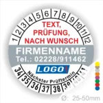 Runde grau / weiße Prüfplakette mit individuell anpassbarem Firmenname, Telefonnummer, Wunschtext und Logo. Mit Monats- und Jahresring zur Markierung des nächsten Prüftermins. Selbstklebend, für Wartung und Sicherheitsprüfungen.