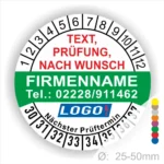 Runde grün / weiße Prüfplakette mit individuell anpassbarem Firmenname, Telefonnummer, Wunschtext und Logo. Mit Monats- und Jahresring zur Markierung des nächsten Prüftermins. Selbstklebend, für Wartung und Sicherheitsprüfungen.