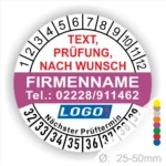 Runde lila / weiße Prüfplakette mit individuell anpassbarem Firmenname, Telefonnummer, Wunschtext und Logo. Mit Monats- und Jahresring zur Markierung des nächsten Prüftermins. Selbstklebend, für Wartung und Sicherheitsprüfungen.
