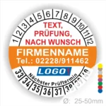Runde orange / weiße Prüfplakette mit individuell anpassbarem Firmenname, Telefonnummer, Wunschtext und Logo. Mit Monats- und Jahresring zur Markierung des nächsten Prüftermins. Selbstklebend, für Wartung und Sicherheitsprüfungen.