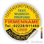 Runde gelbe Prüfplakette mit Monats- und Jahresring zur Kennzeichnung des nächsten Prüftermins, personalisierbar mit Firmenname, Telefonnummer, Wunschtext und Logo. Selbstklebende Prüfkennzeichnung für Wartung, Sicherheit und Geräteprüfung.