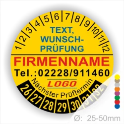 Runde gelbe Prüfplakette mit Monats- und Jahresring zur Kennzeichnung des nächsten Prüftermins, personalisierbar mit Firmenname, Telefonnummer, Wunschtext und Logo. Selbstklebende Prüfkennzeichnung für Wartung, Sicherheit und Geräteprüfung.