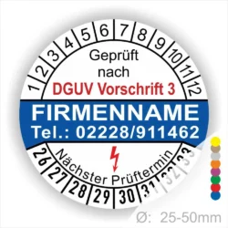 Prüfziffernblatt gemäß DGUV Vorschrift 3, mit Platz für Firmennamen und Kontaktdaten, zeigt nächsten Prüftermin und Durchmesser von 25-50 mm.