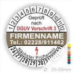 Prüfzertifikat nach DGUV Vorschrift 3 mit Platz für Firmenname und Telefonnummer, zeigt den nächsten Prüftermin und hat eine Durchmessergröße von 25-50 mm.