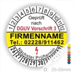 Prüfzertifikat nach DGUV Vorschrift 3 mit Kontaktdaten der Firma, nächsten Prüftermin und Durchmesserangabe von 25-50mm.