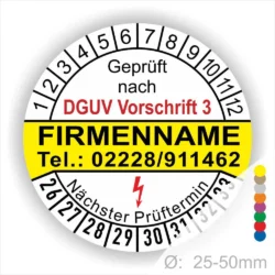 Prüfzertifikat nach DGUV Vorschrift 3 mit Kontaktdaten der Firma, nächsten Prüftermin und Durchmesserangabe von 25-50mm.