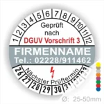 Prüfsiegel für elektrische Geräte, gemäß DGUV Vorschrift 3, mit Platz für Firmenname und Kontaktdaten. Das Design zeigt die nächsten Prüftermine und ist für Geräte mit einem Durchmesser von 25-50 mm geeignet.