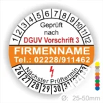 Prüfsiegel gemäß DGUV Vorschrift 3 mit Platz für Unternehmensnamen und Kontaktdaten. Enthält Prüffristen sowie nächste Prüftermine. Durchmesser von 25-50 mm, ideal für den Einsatz in verschiedenen Branchen.