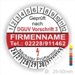 Prüfziffernblatt für DGUV Vorschrift 3 mit Platz für Firmennamen und Kontaktnummer, zeigt nächste Prüftermine und ist für Geräte mit einem Durchmesser von 25-50 mm geeignet.