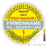 Prüfsiegel mit DGUV Vorschrift 3, angibt den nächsten Prüftermin und Kontaktdaten der Firma, Durchmesser 25-50 mm, gelbes Design mit farbigen Markierungen zur visuellen Kennzeichnung.