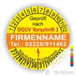 Prüfzertifikat gemäß DGUV Vorschrift 3 mit Platz für Firmenname und Kontaktdaten, zeigt nächsten Prüftermin an, Durchmesser 25-50mm.