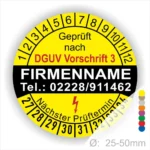 Sicherheitsprüfschild nach DGUV Vorschrift 3 mit Firmennamen und Kontaktdaten, zeigt den nächsten Prüftermin an. Ideal für Unternehmen zur Einhaltung von Sicherheitsvorschriften. Durchmesser: 25-50 mm.