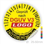 Gelbes Prüfzeichen nach DGUV V3 mit nächstem Prüftermin, geeignet für Geräte mit einem Durchmesser von 25-50 mm.
