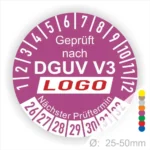 Prüfziffernblatt für DGUV V3, zeigt Prüfdatum und nächste Prüfung. Ideal für Geräte mit einem Durchmesser von 25-50 mm.